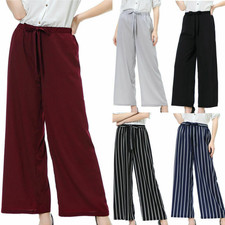 Ladies Drawstring Palazzo Trousers Casual Wide Leg Pants Elastic Waist Bottoms