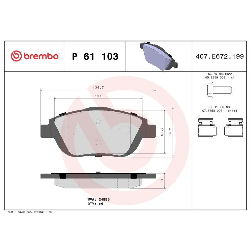 BREMBO P 61 103X Brake Pads Set Front for C3 Aircross Picasso DS3 DS 2008 Corsa