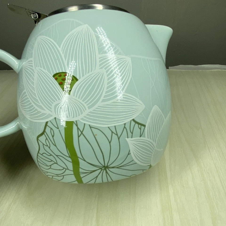 Tea Forte Pugg Ceramic 24 oz. Teapot Lotus Floral Pattern Water Lily Blue Green - Image 2 of 4