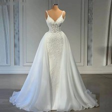 Mermaid Wedding Dresses Illusion Beaded Satin Bridal Gowns with Detachable Train