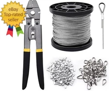 328ft Wire Rope Crimping Tool Kit, 1/16" Stainless Steel Wire Rope Cable with Al