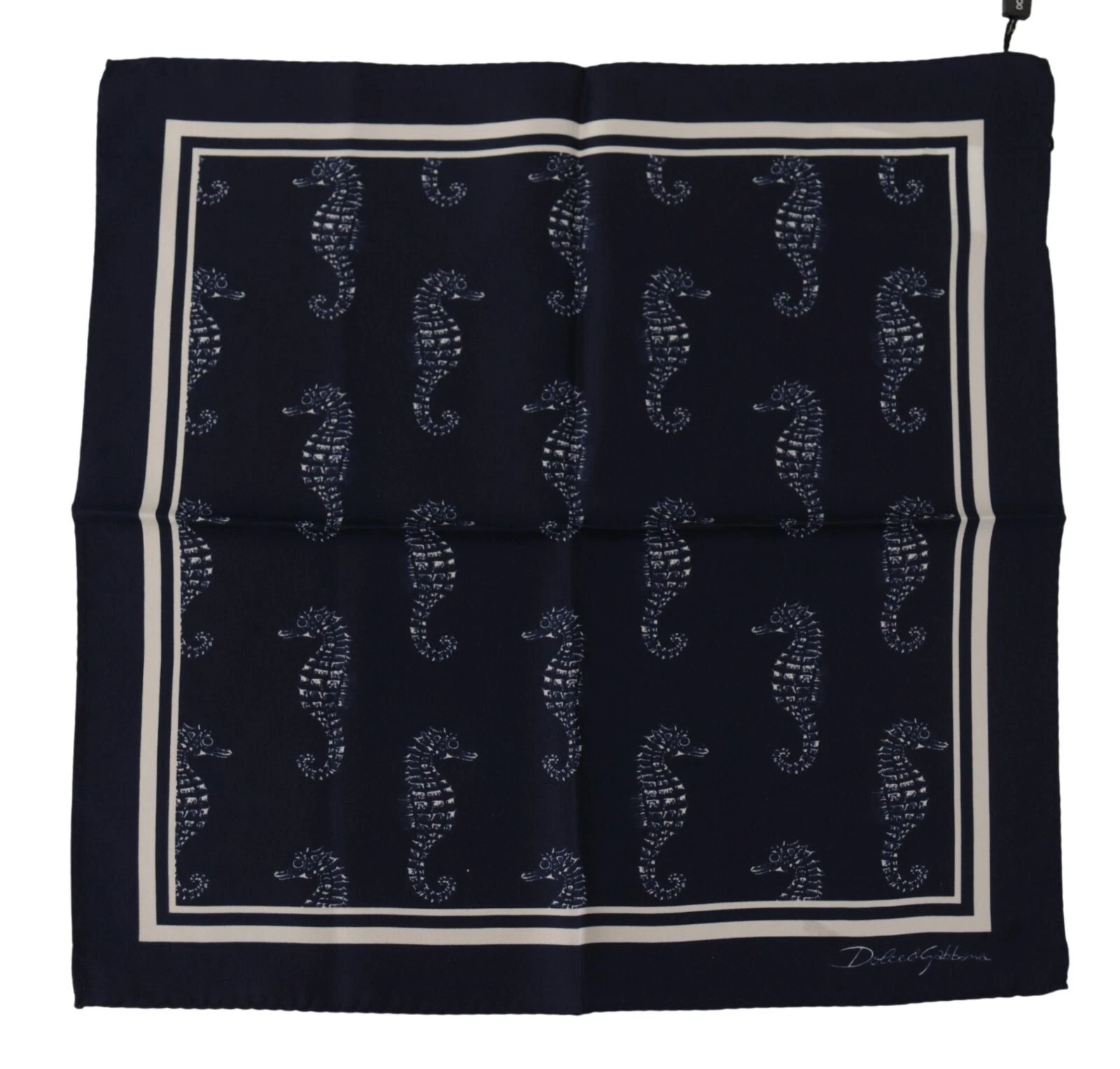 DOLCE & GABBANA Scarf Blue Seahorse DG Printed Square Handkerchief 30cm X 30cm