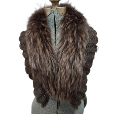 Vtg Genuine Raccoon? Fur Crochet Trim Lined Colar Shawl Wrap Scarf Boa  Brown