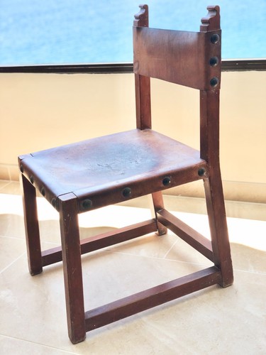 GENUINE Spanish Walnut & Leather Safari Renaissance Chairs Vintage Circa 1930-50 - Picture 13 of 15