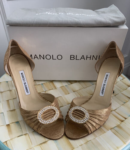 MANOLO BLAHNIK Sedaraby gold leather rhinestone detail heels 37.5 WORN ONCE - Afbeelding 1 van 9