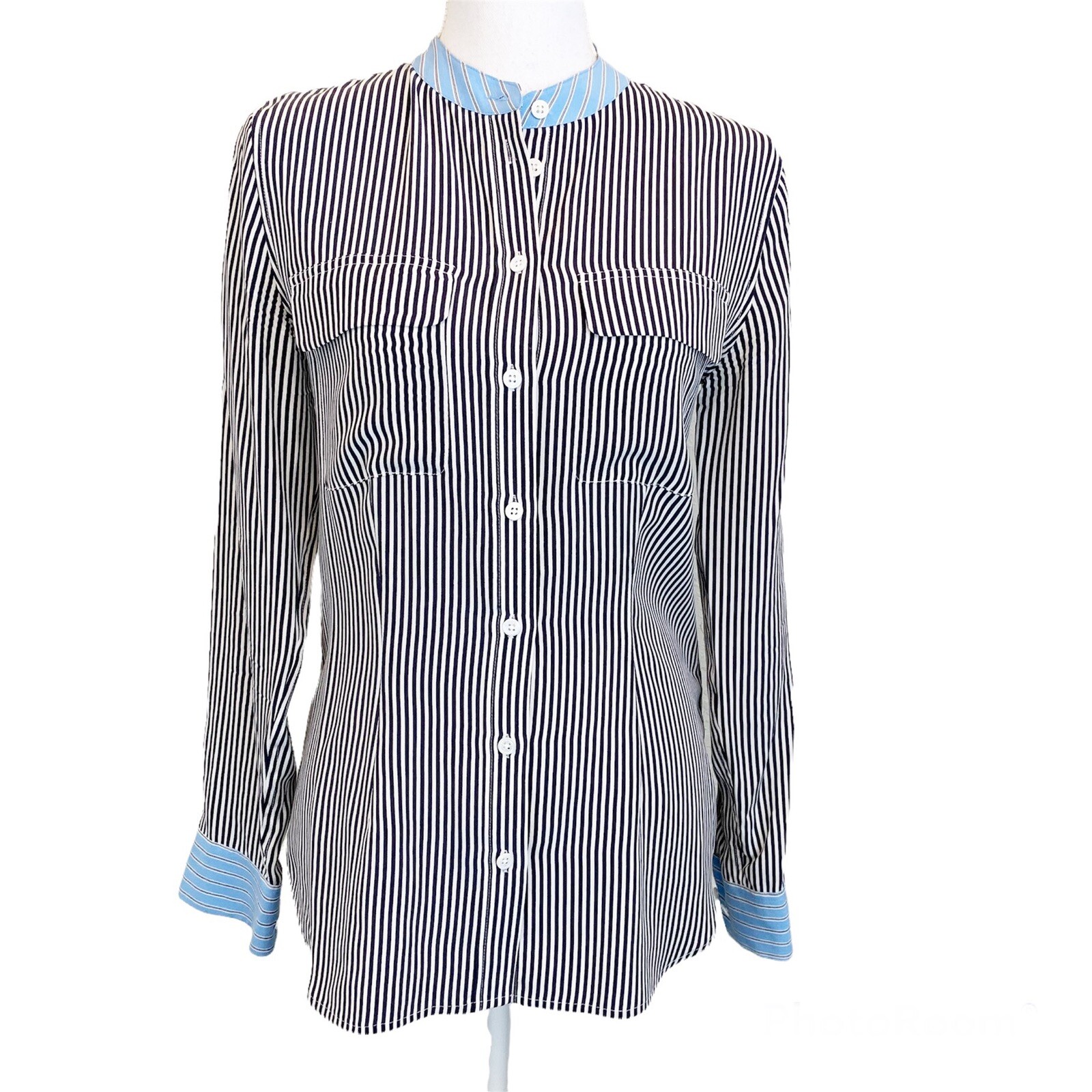 Blue Stripe Cuffed Work/Play Button Down Blouse
