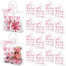 24 Pcs Clear Gift Bags with Handles 8 Inches Transparent Glitter Tote with Pi...
