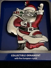 ENAMEL JEWELED SMILING SANTA ON ROOFTOP CHRISTMAS HOLIDAY ORNAMENT NEW IN BOX