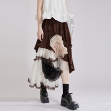 Lady Retro Irregular Mesh Splicing Skirts Fluffy Midi Skirt Mesh Rose Decor Cute