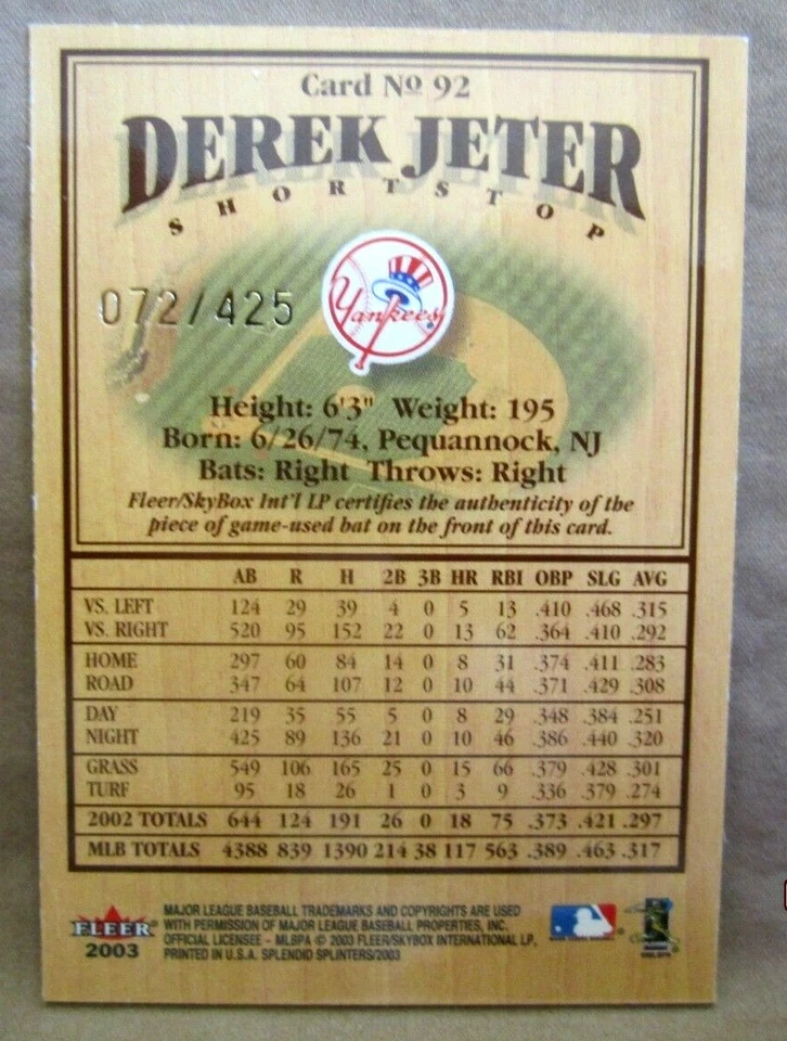 DEREK JETER 2003 FLEER SPLENDID SPLINTERS BAT CARD#072/425!YANKEES SS GOAT HOF - Image 2 of 2