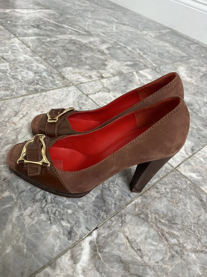 CELINE Brown Suede Pumps with gold Buckle ITALY - Image 2 of 4