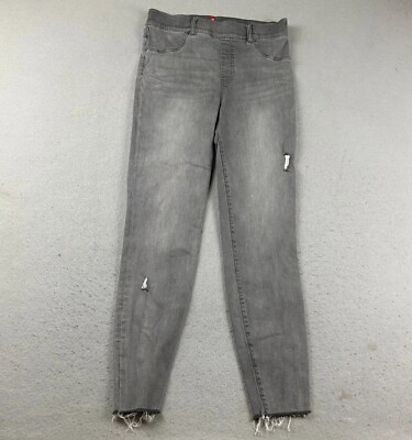 Spanx Jeans Womens Large Gray Denim  Distressed Raw Hem Skinny Leg Pull On
