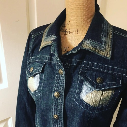 Upcycled Denim Jacket L w/metallic accents Mod Fabric hand stitched sashiko - Picture 4 of 8