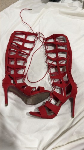 Red Suede Lace Up Gladiator High Heel Sandals Knee High Strappy Boots 7.5