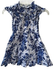 Janie And Jack Floral Toile Ruffle Dress Toddler Girl  s Sz 3 Blue White Cotton