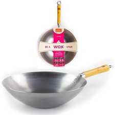 Image of School of Wok 12'/30cm Carbon Steel Wok Flat Bottom Bamboo Handle Silver