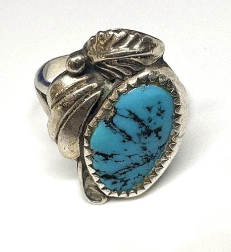 (21) NAVAJO Ring 925 Silver size 7 Vintage   Turquoise Feather Native American