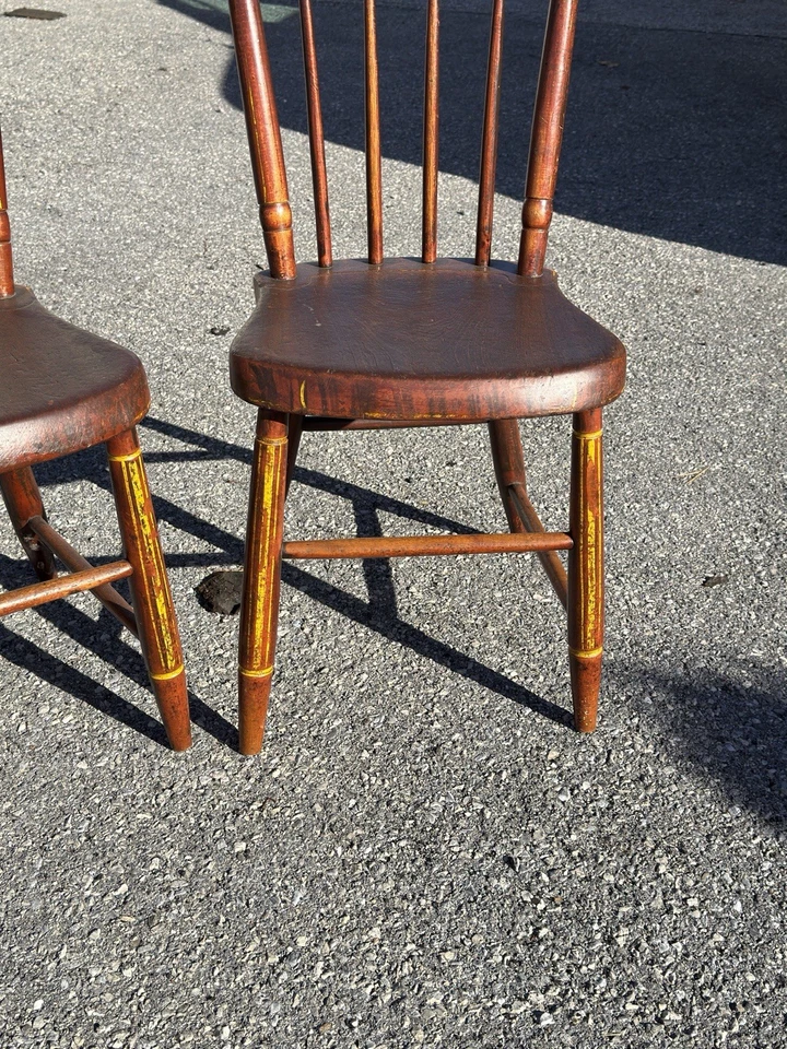 antique 1840s plank seat red & black yellow primitive chairs folk art set - Image 4 of 4