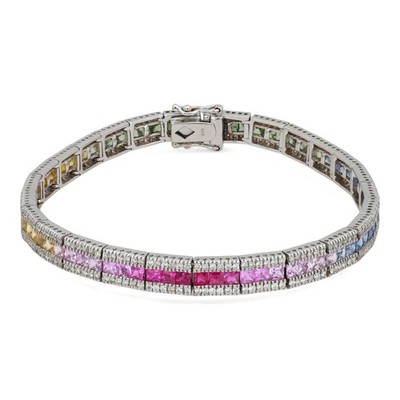 Tennisarmband mehrfarbige Saphire & Diamanten 14 Karat Weißgold 7 cm