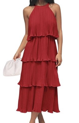 NWT   ZESICA Size L Red Sleeveless Halter Neck Ruffle Tiered Midi Dress Lined