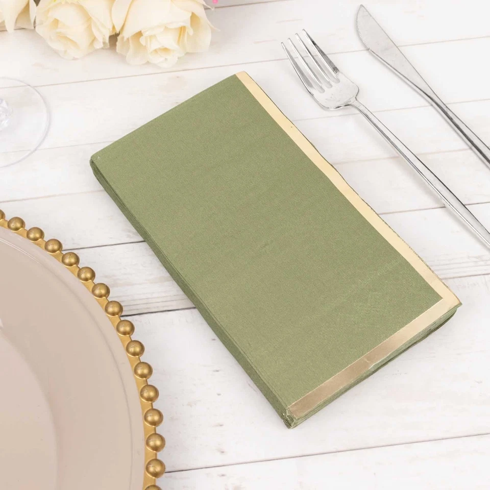 OLIVE GREEN 50 Soft 2 Ply Dinner Paper NAPKINS Foil Edge Party Events Home - Image 2 of 4
