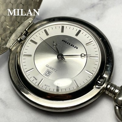 VINTAGE JAPAN MILAN Quartz Pocket Watch Silver Tone Date