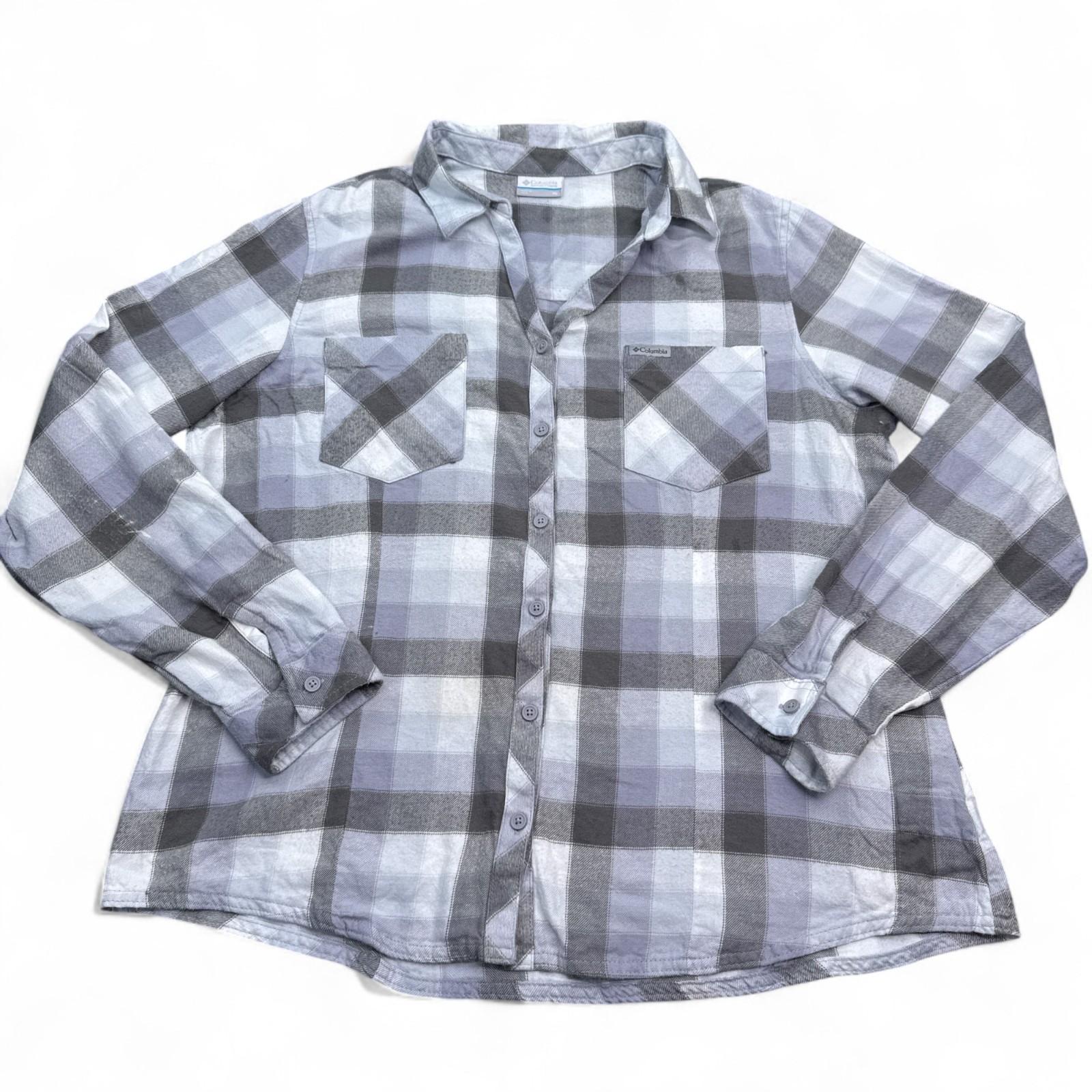 Columbia Flannel Shirt Top Womens Size XL Gray Plaid Long Sleeve Pockets