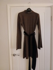 Zara Women's Knitted Dress Multi-Coloured Zig Zag Design Velvet Velour Belt Med