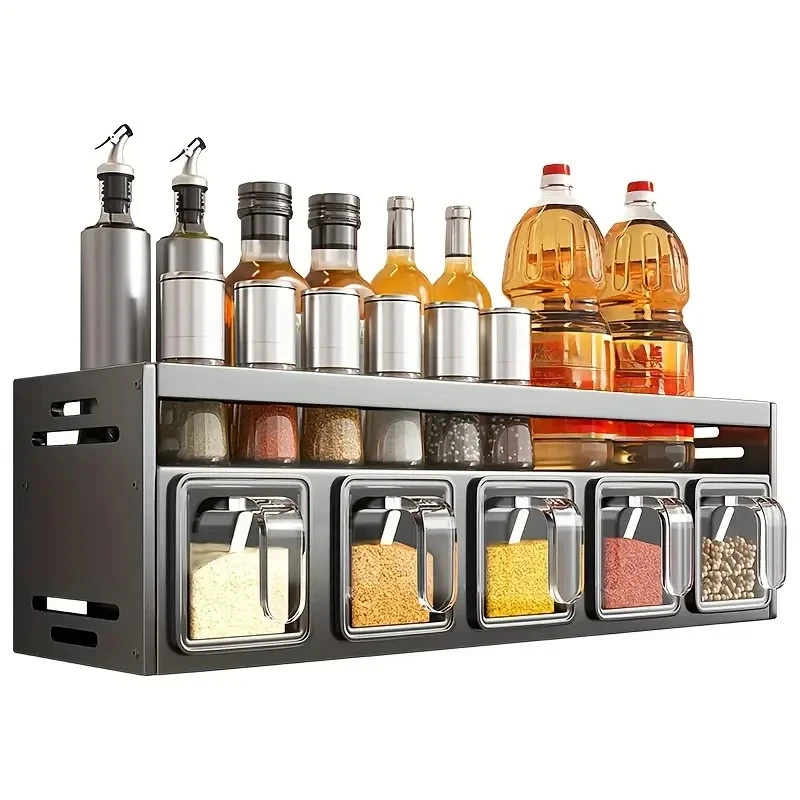 Wall Mounted Spice Rack Organizer – Pull-Out 5 Compartment Kitchen Storage Black
