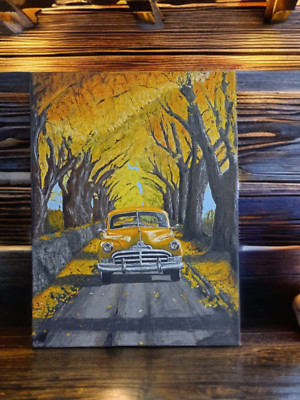 Oldtimer gelbes Auto fährt durch Herbststraße - Acrylbild 30*40cm Leinwand