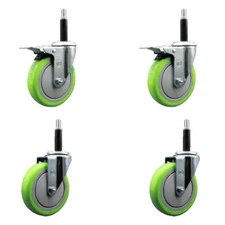 5 Inch SS Green Poly Swivel 3/4 Inch Expanding Stem Caster Set 2 Brakes