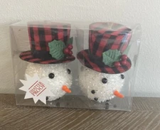 Christmas Ornament Sparkly Snowman Head W/Red&Black Plaid Hat 5”x3” Set Of 2