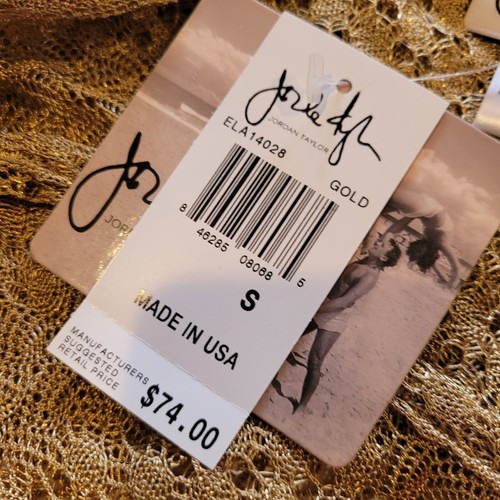 New JORDAN TAYLOR V-Neck Bell Sleeve Tunic Cover Up Gold Open Knit Shirttail Bea - Picture 9 of 14