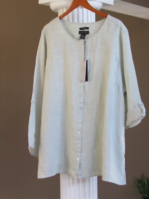 TAHARI Celery/White COLLARLESS 100% Linen Button Down Shirt Tunic Top Sz 2X  NWT