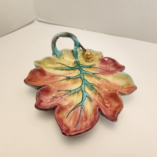 VTG Italian Pottery Leaf Shaped Serving Trinket Dish 7x7 Turquoise Yellow Mauve - Picture 5 of 10