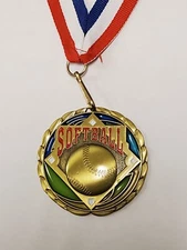 Softball medal, gold color, 2.5" diameter with neck ribbon, & engraving colorful