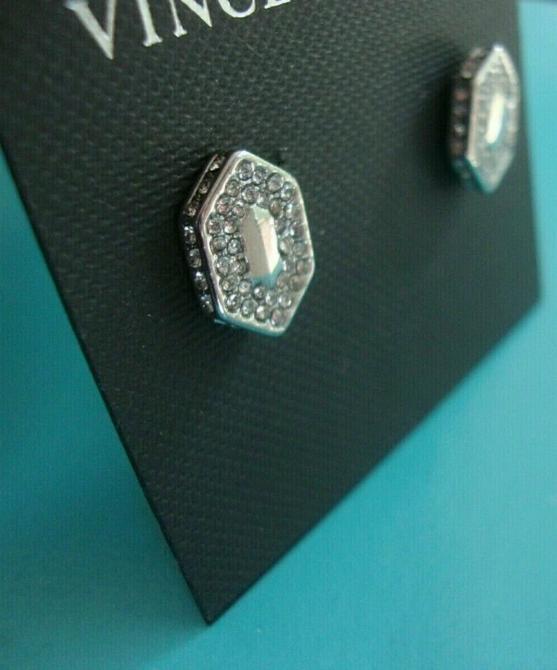 NWT VINCE CAMUTO Silver Tone Pave Crystals Hexagon Stud Earrings~Chic! - Image 2 of 4