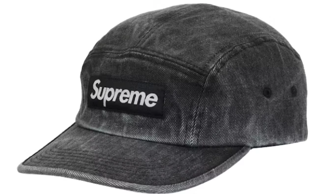Casquette de camp en denim enduit Supreme SS24 noire neuve EN MAIN logo boîte envoi rapide