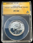 1964 Accented Hair SILVER Kennedy Half ANACS PF65 FS-401