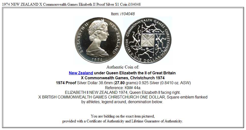 1974 NEW ZEALAND X Commonwealth Games Elizabeth II Proof Silver $1