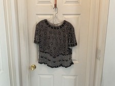 Papell Boutique Evening Silk Beaded Top Vintage Black Silver Floral Scalloped XL