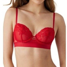 B.Tempt'd by Wacoal Lace Balconette Bra Red Underwire Sheer Strappy 34DD