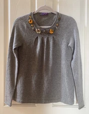 Saks Fifth Avenue Cashmere Sweater S Small Jeweled Neck Gray Beaded Chains