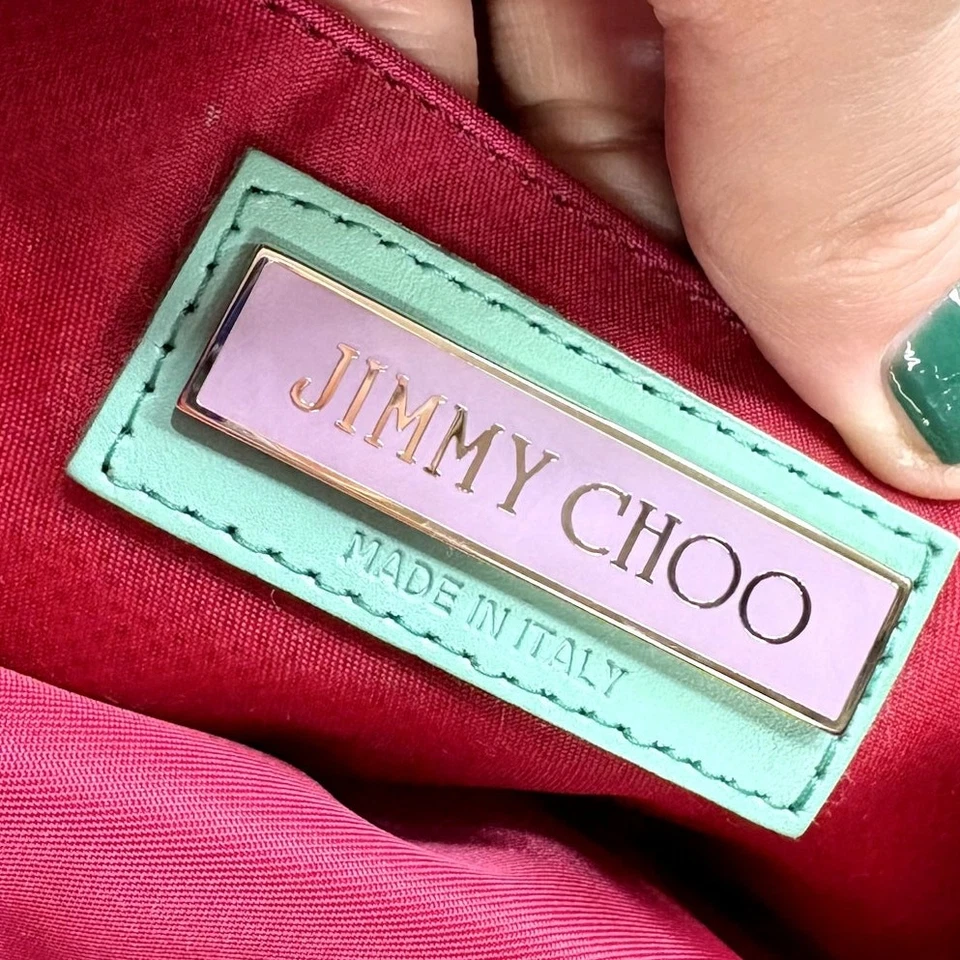 Bolso sin asas Jimmy Choo satinado de noche estampado Art Deco pavo real RARO hecho en Italia Foto 4 de 4