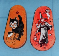 vintage Halloween tin T. COHN + U.S. METAL NOISEMAKER LOT x2 witch cat pumpkin