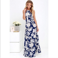 Lulus In Blossom Blue Floral Print Maxi Dress Halter Style Fall Floral Sz Medium