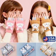 Kids Fingerless Gloves Convertible Knit Flap Mittens Toddler Half Finger Mitten