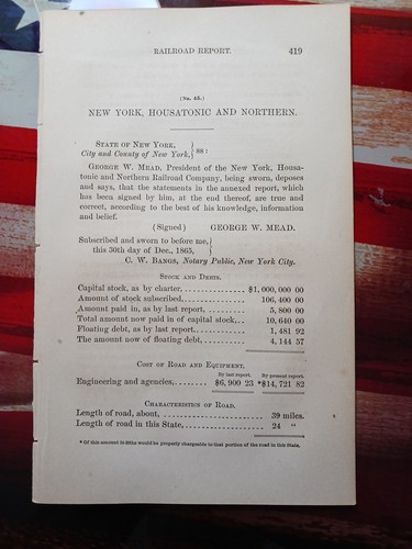 1865 train Report NEW YORK HOUSATONIC & NORTHERN RAILROAD NYC George Mead Pres