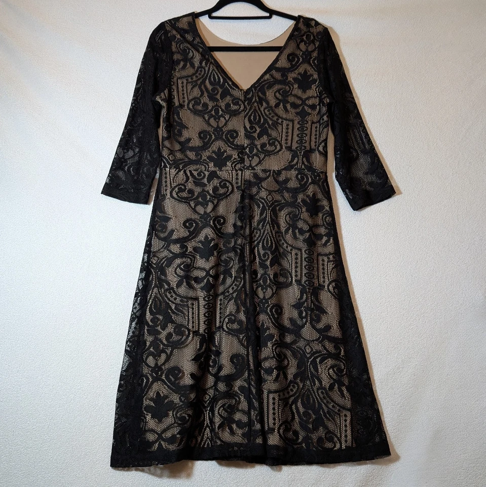 Vestido de renda preto feminino W by BHS novo com etiquetas com forro nude e zíper, Reino Unido tamanho 16 - Imagem 2 de 4