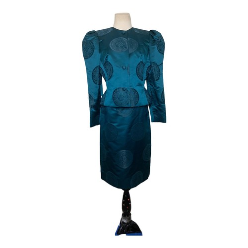 Tuta giacca gonna verde acqua sartoriale ispirazione asiatica vintage anni 80 taglia small - Foto 10 di 12